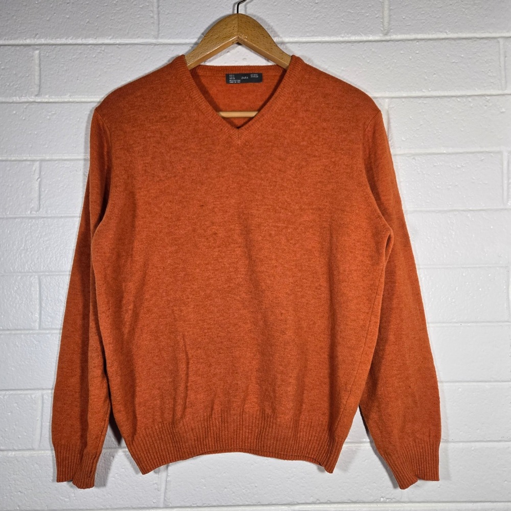 Zara V-Neck Sweater Mens Large Orange Wool‎ Blend Oversized Italy Bright Spring